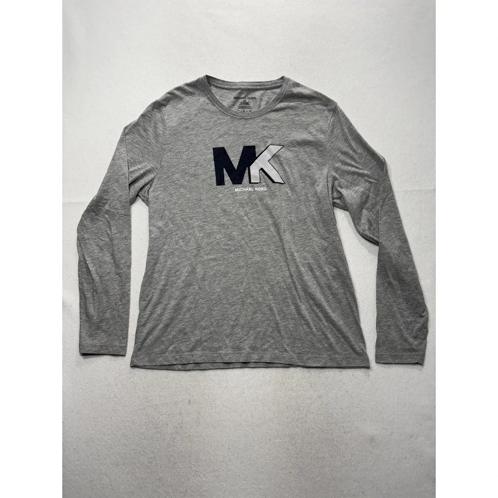 Michael Kors Shirt Mens Large Gray MK Logo Graphic Long Sleeve Crewneck Tee